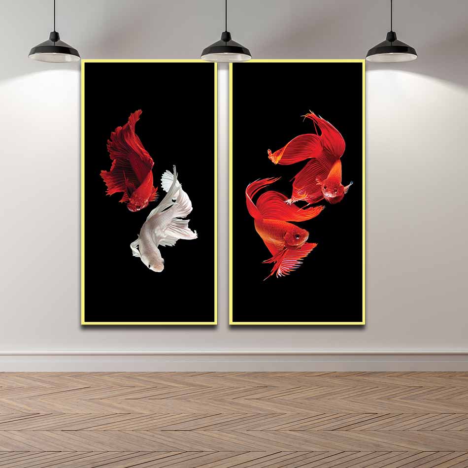 Bộ 2 tranh canvas treo tường Decor song ngư trắng và đỏ - DC053