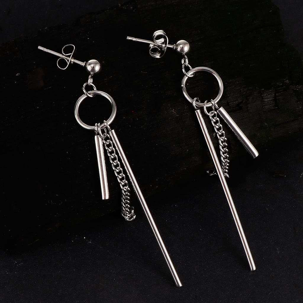 Stainless Steel Long Bar Chain Earrings Ring Loop Ear Clip