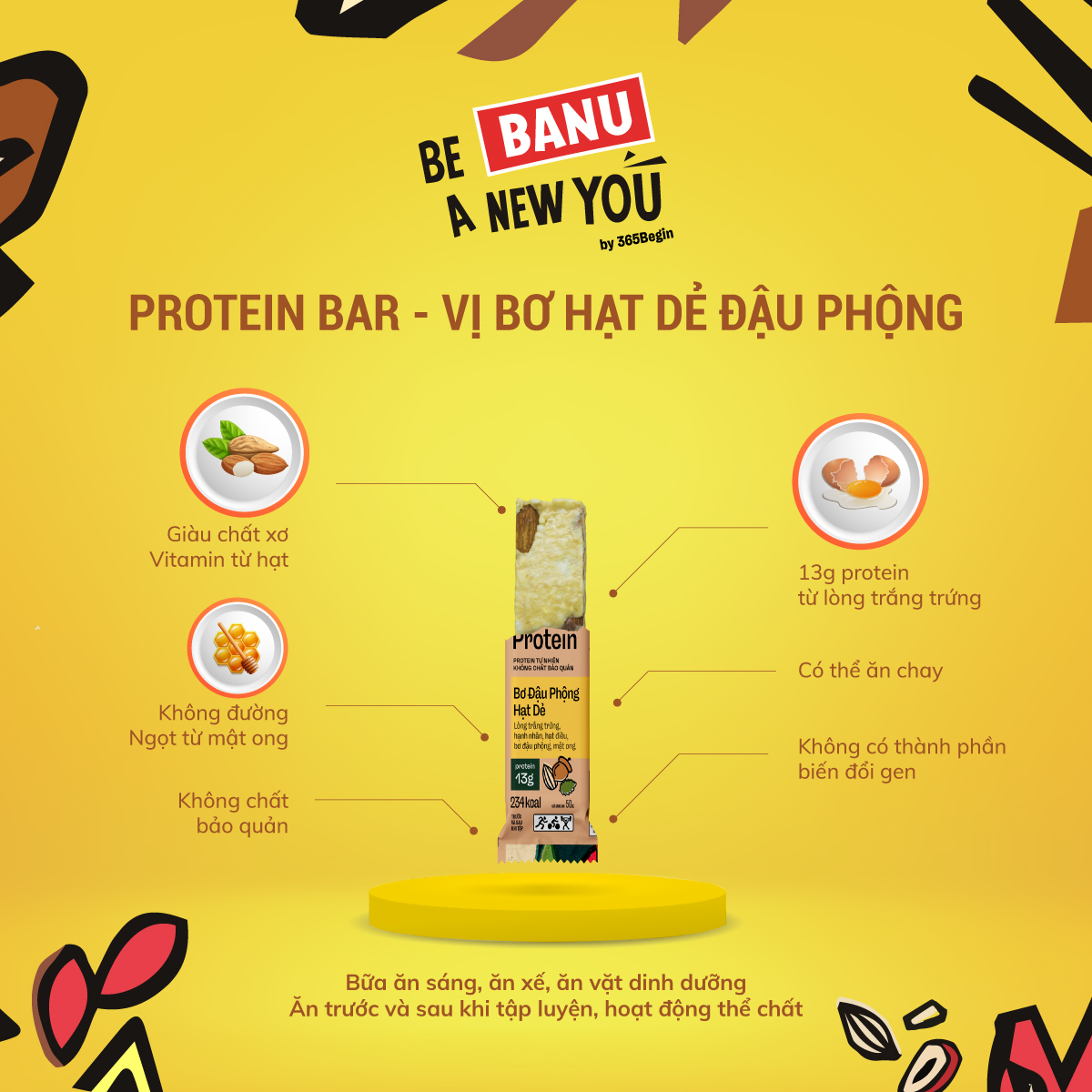 BANU Bơ Đậu Phộng – Hạt Dẻ - Thanh protein (đạm) Yến mạch và các hạt ngũ cốc – Thanh năng lượng thay thế các bữa ăn (sáng, trưa, chiều, xế, tối) tiện lợi, tốt cho sức khỏe, phù hợp với người bận rộn, tập luyện thể thể thao