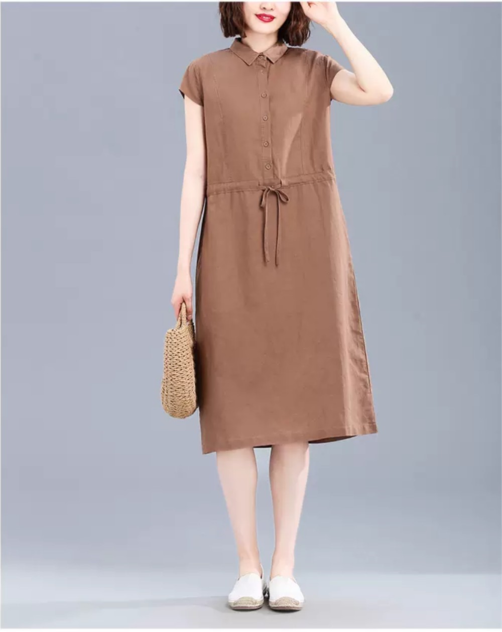 Đầm Nữ Form Suông Linen Cổ Sơ Mi Basic Tay ngắn Thoáng Mát HB70