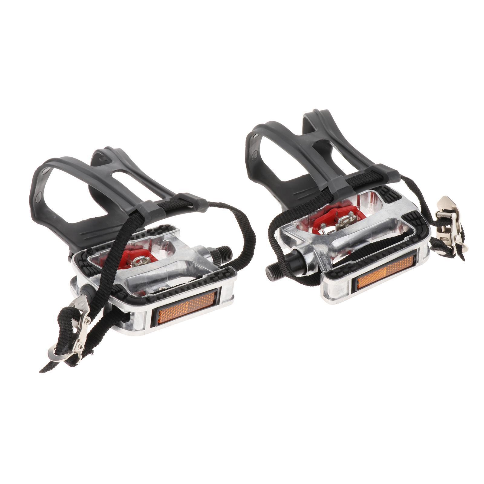 Bike Pedal with Straps and Toe Clips for Outdoor Cycling and Indoor Exercise Bike, Replacement Alloy Multipurpose Bicycle Pedals