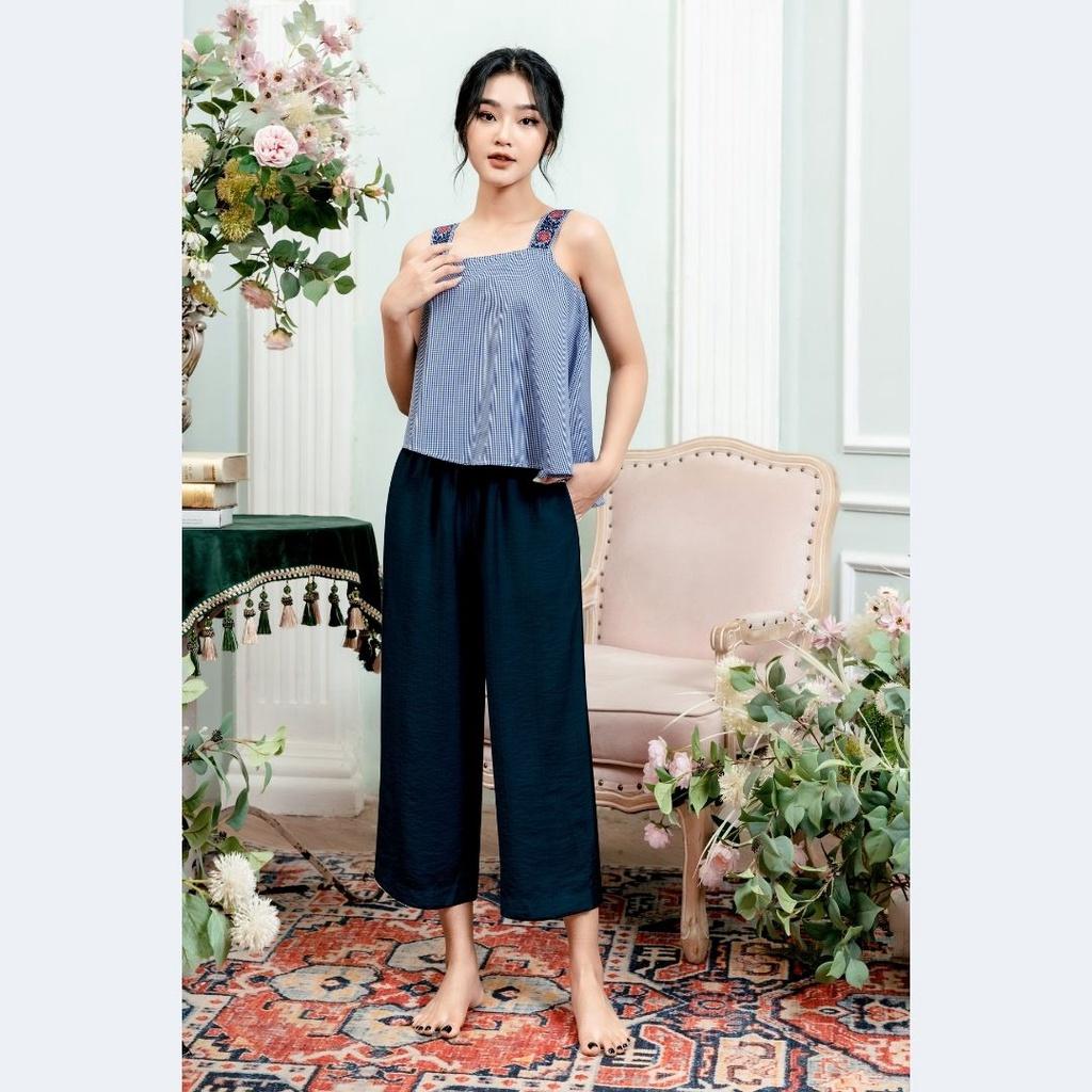 Đồ ngủ mặc nhà bộ 2 dây nữ caro thêu quần dài Freedy - WBH2204