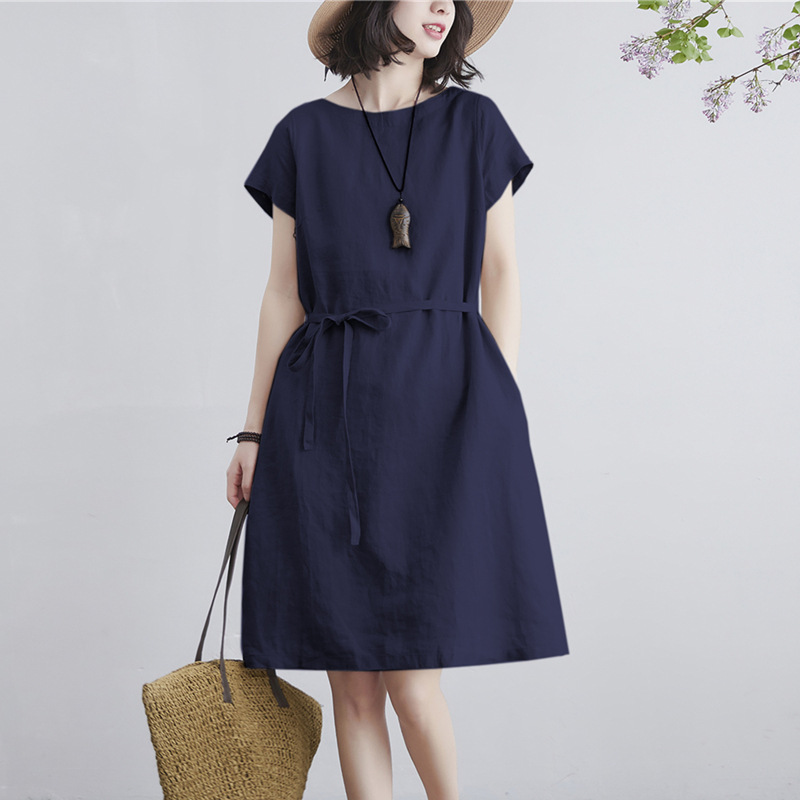 Đầm suông linen tay hến kèm dây thắt eo trẻ trung, chất vải linen mềm mát, thời trang phong cách Nhật Bản Đũi Việt D84