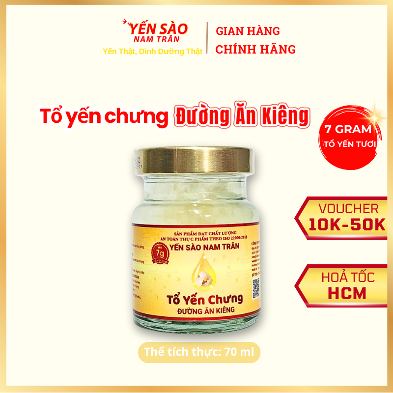 Yến sào chưng sẵn Đường Ăn Kiêng NAM TRÂN 7 gram Tổ Yến Tươi phù hợp với người kiêng đường. Lọ 70 ml