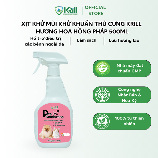 Xịt khử mùi khử khuẩn thú cưng KRILL hương Hoa Hồng Pháp 500ml hỗ trợ điều trị các bệnh ngoài da, làm sạch, lưu hương lâu