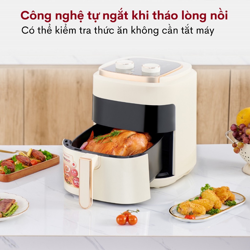 Nồi chiên không dầu 5.5 Lít mặt kính nhập khẩu Nhật Bản Fujihome A5GW tự ngắt tiết kiệm điện, nồi chiên k dầu cơ 5.5 L chống dính cao - HÀNG CHÍNH HÃNG