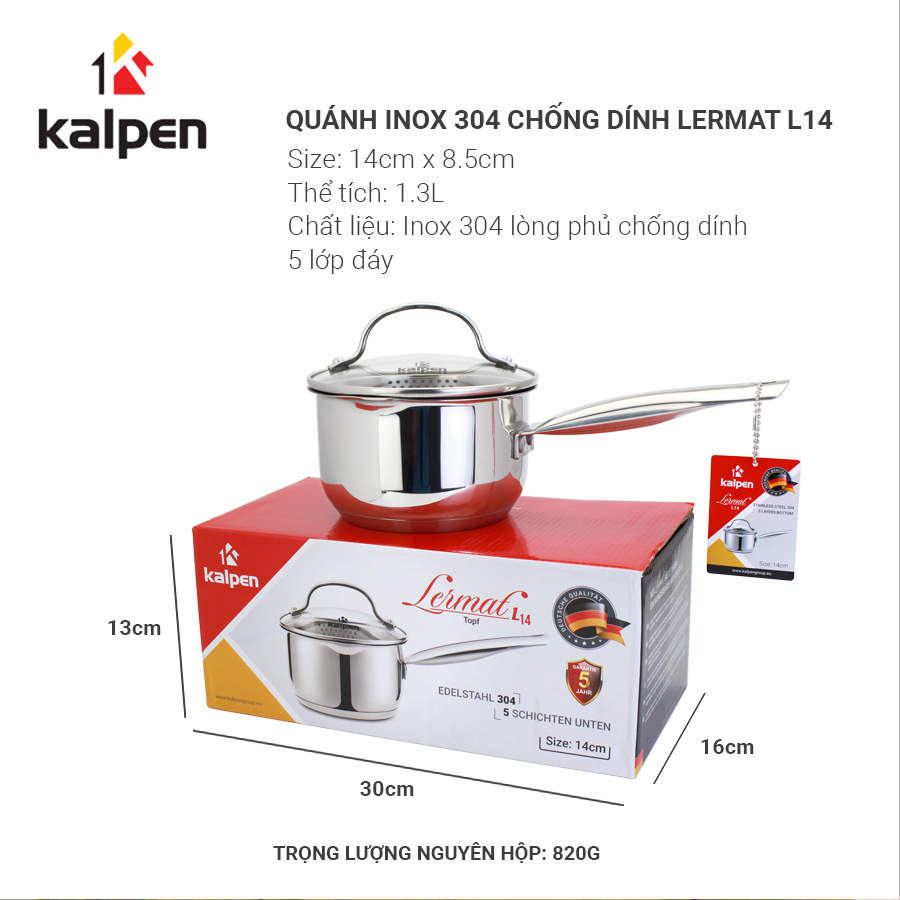 Quánh chống dính Inox 304 đáy 5 lớp Kalpen Lermat size 14cm chuẩn Đức