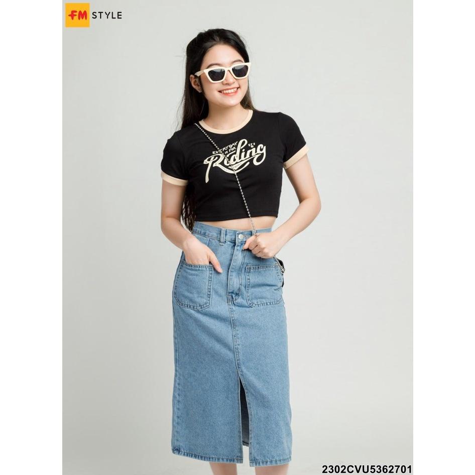 Chân váy jean nữ Fm Style kiểu dáng Midi Jean lưng cao dáng thiết kế xẻ trước thời trang Hàn Quốc 23020818
