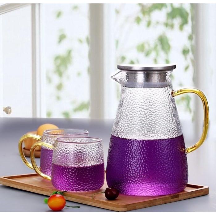 COMBO BỘ BÌNH CỐC THỦY TINH CHỊU NHIỆT LÊN TỚI 400 ĐỘ C KÈM KHAY VƯƠNG MIỆN VÀNG VÀ GIÁ ÚP CỐC