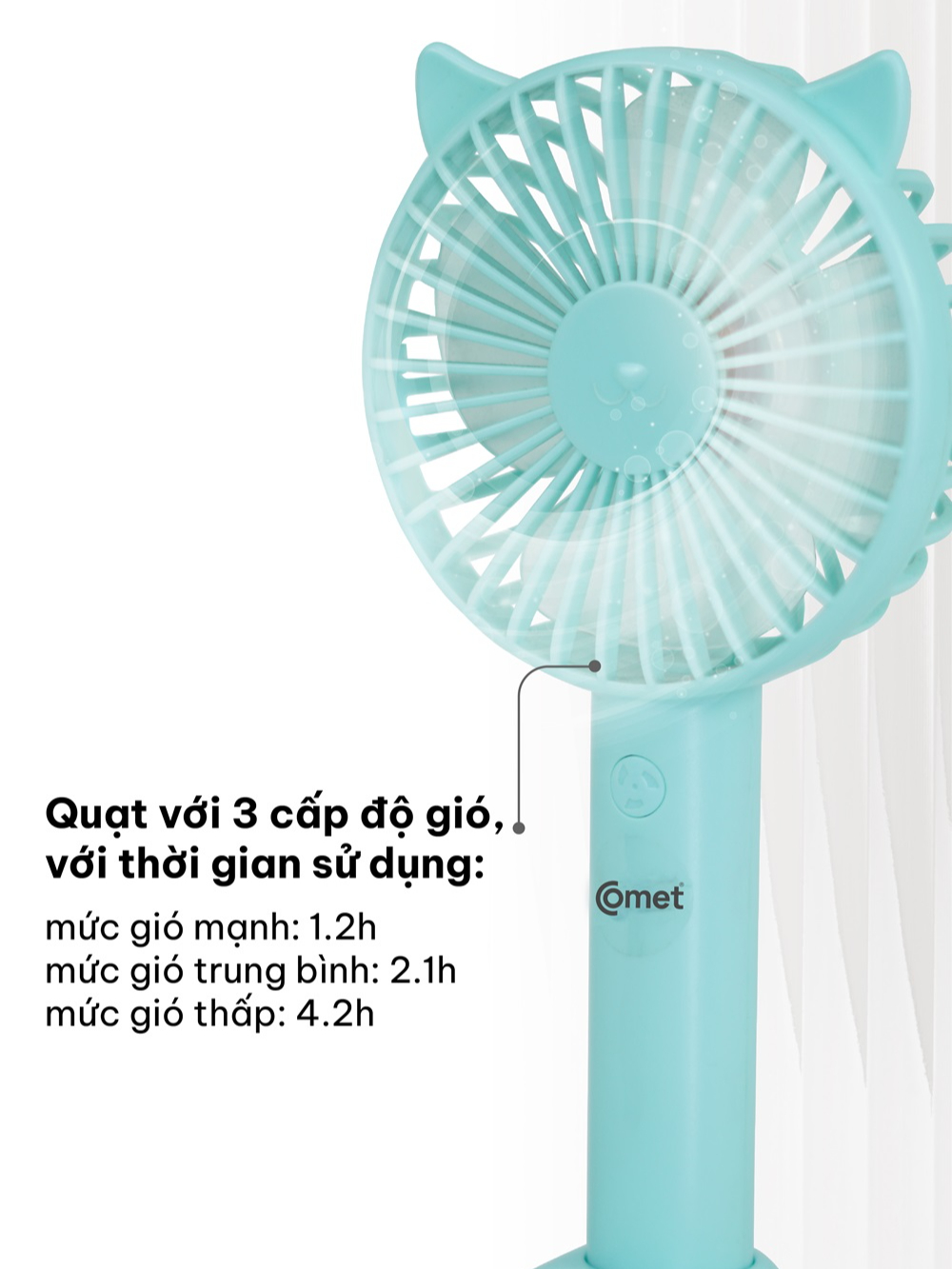 Quạt Sạc Cầm Tay COMET CRF1104 Công Suất 3W, Pin 1200mAh, Có Đế Rời, Kích Thước Nhỏ Gọn hàng chính hãng