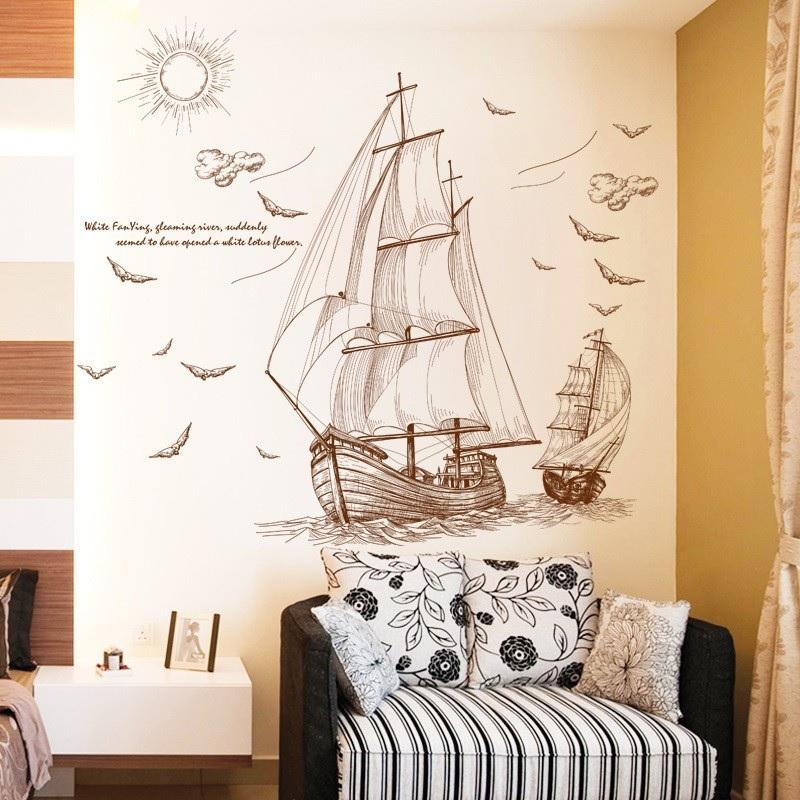 Tranh Decal Trang trí hình thuyền buồm hải âu - T05