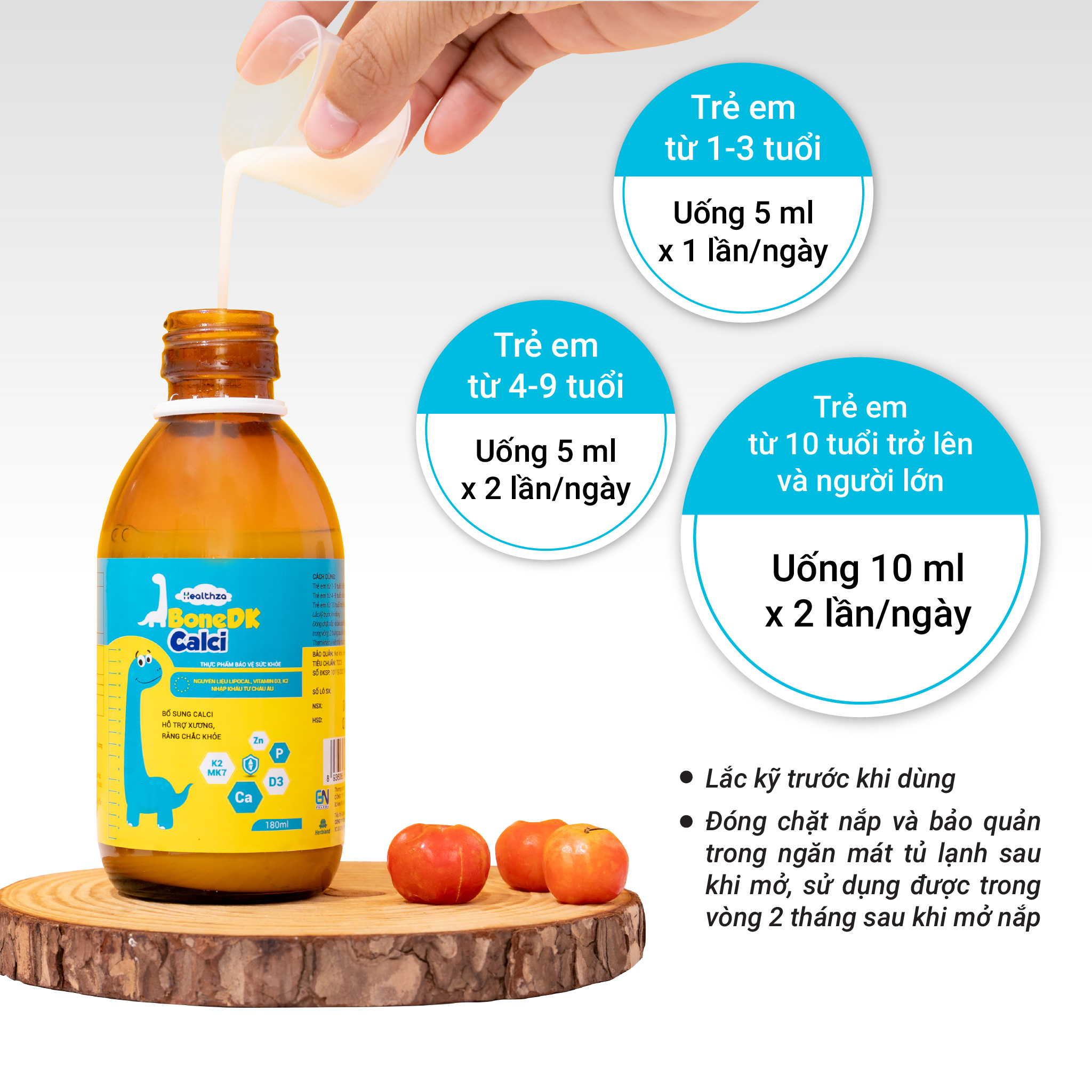 Healthza BoneDK Calci bổ sung Calci, Vitamin D3, K2 cho bé hộp 1 lọ/180ml