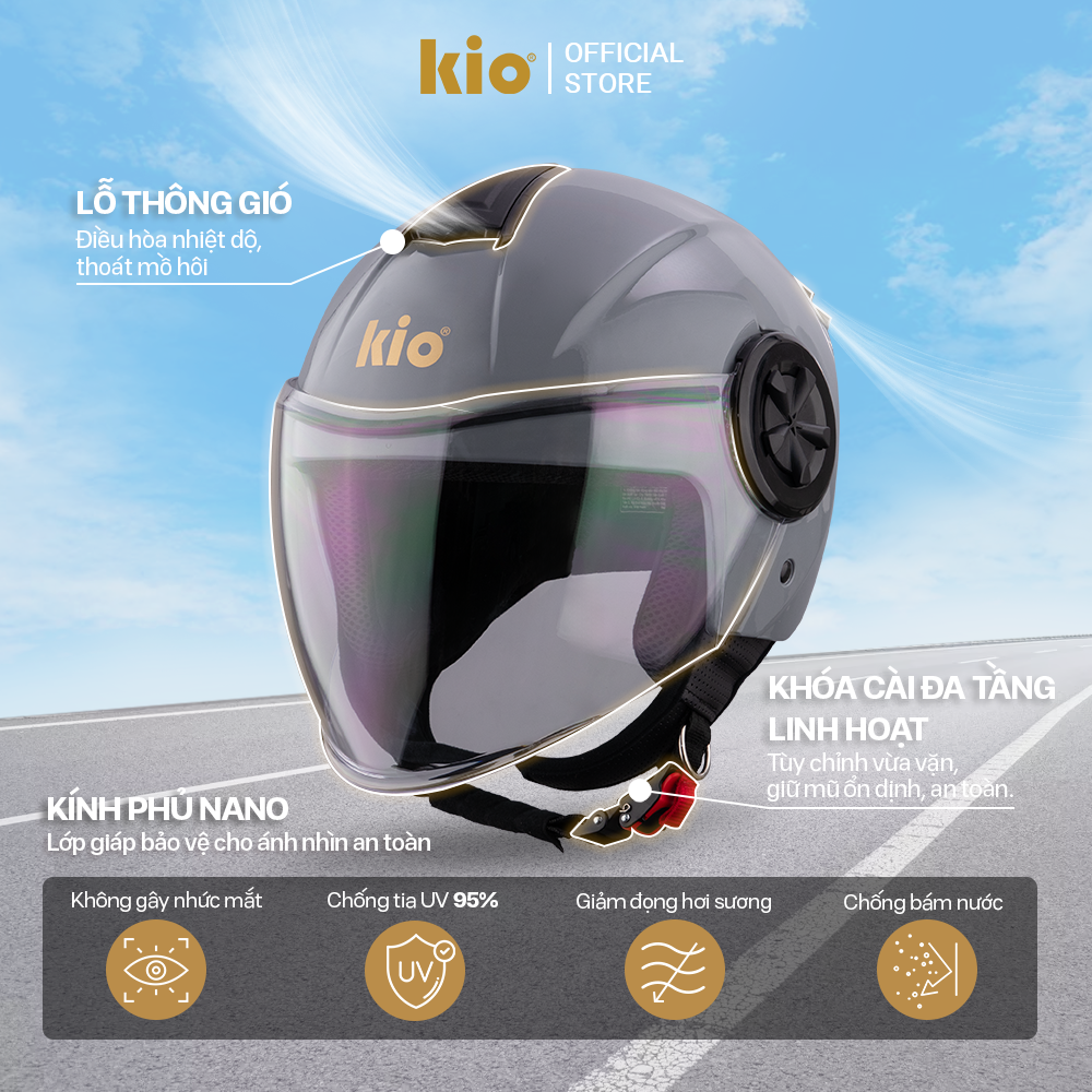Mũ Bảo Hiểm 3/4 Kio SafeStyle Metro KN06K, Kính Dài Phủ Nano Chống Tia UV, Thông Gió Thoáng Khí - Hồng Sữa (bóng)