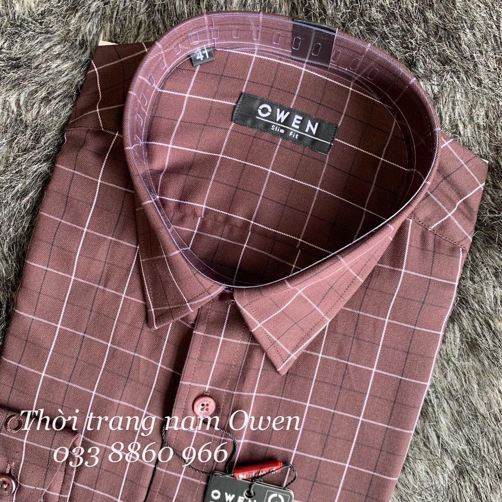 OWEN - Áo sơ mi dài tay Owen Slimfit chất sợi tre kẻ ca rô màu nâu 61012
