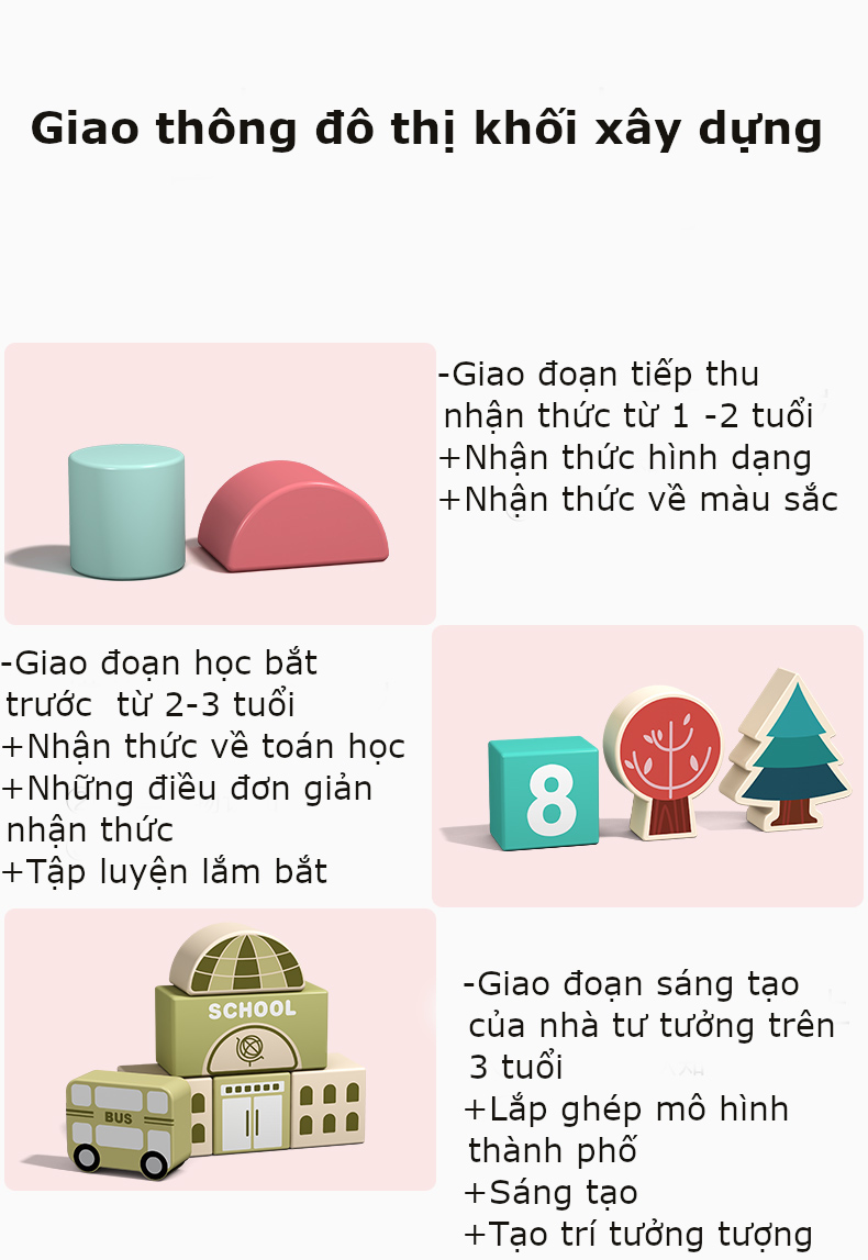 Bộ xếp hình bằng gỗ mô hình thành phố - Mẫu B gồm 100 khối xây dựng thành phố + Sàn giao thông + xô