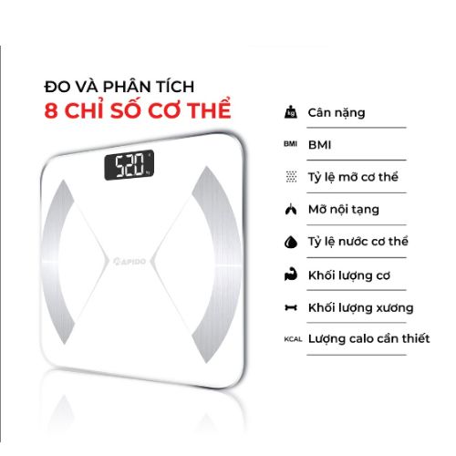 Cân sức khỏe và phân tích các chỉ số cơ thể Rapido RSF02-S (Trắng) Không bluetooth - Hàng chính hãng