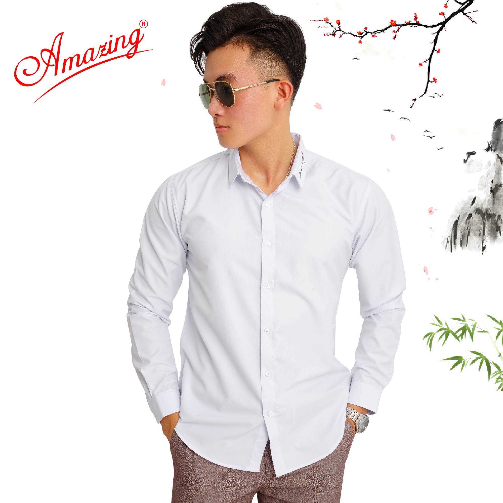 Áo sơ mi nam thêu chữ, thương hiệu cao cấp Amazing, phong cách Hàn Quốc, form body slimfit, tay dài