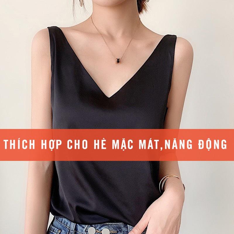 Áo 2 dây lụa Satin nữ cao cấp cổ tim siêu mịn mát Freesize Basic AMYRA AD004