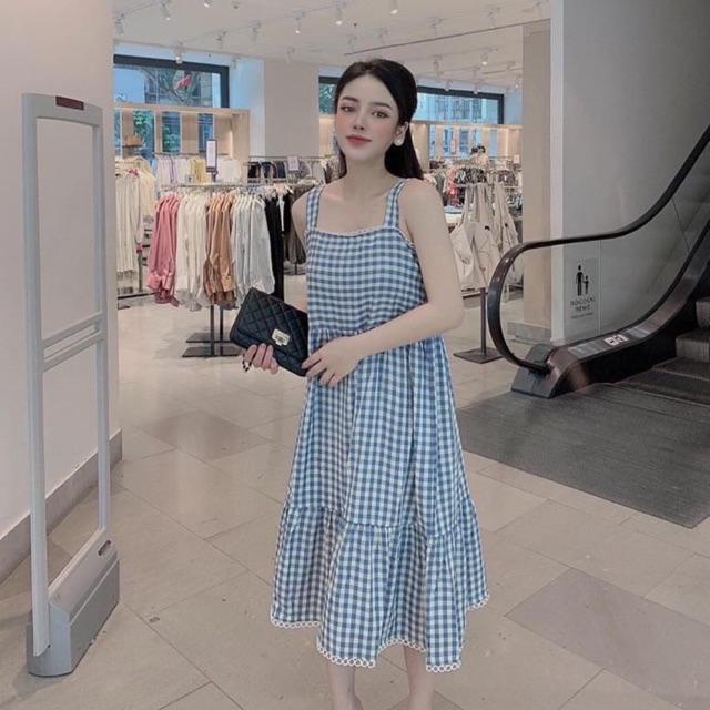 Váy bầu 2 dây sang chảnh, chất kẻ thô pha lanh siêu mát, siêu mềm, siêu thoángfree size 43~68kg