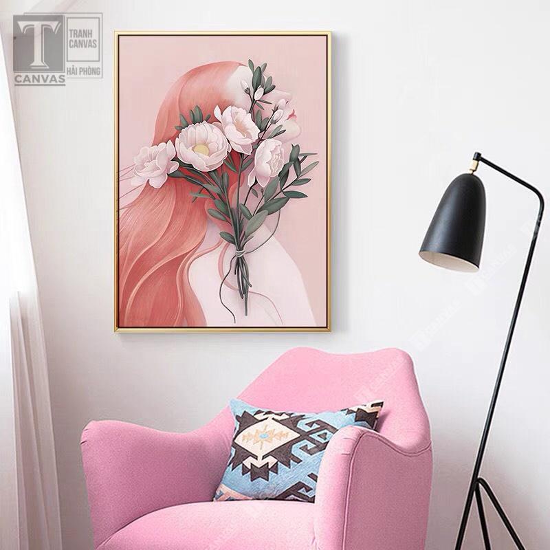 Tranh canvas treo tường phòng khách, tranh nghệ thuật Cô gái che mặt và hoa CGCM84-86 (không kèm khung)