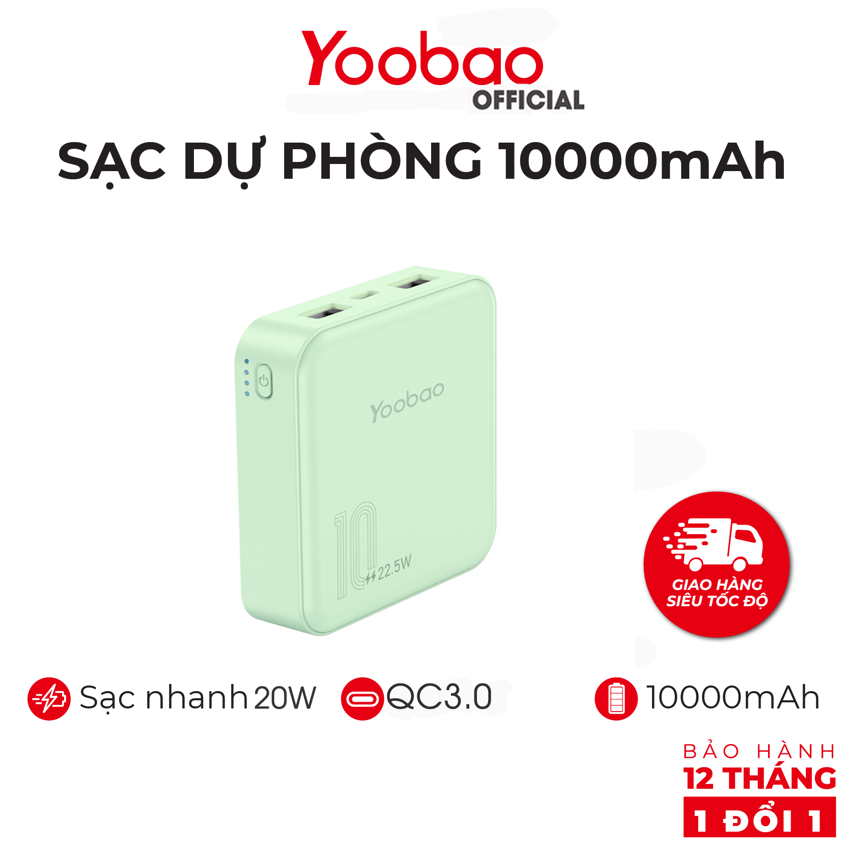 [HÀNG CHÍNH HÃNG] Pin sạc dự phòng Yoobao M4PD 10000mAh, sạc nhanh 20W, QC3.0 - Bảo hành 12 tháng - Màu xanh lá