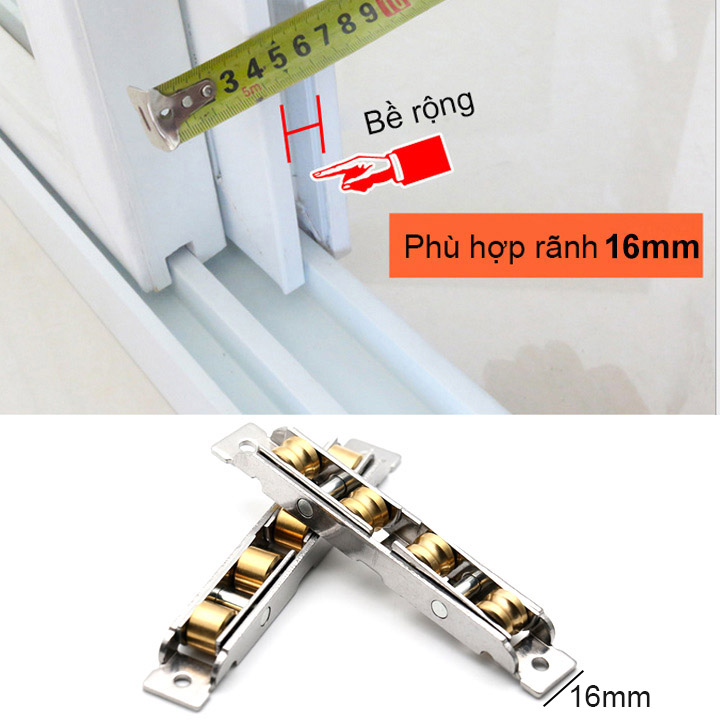 Bánh xe 4 cho cửa trượt-cửa lùa bằng inox không gỉ rộng 16mm, dùng cho cửa lùa gỗ, nhựa, nhôm, thép