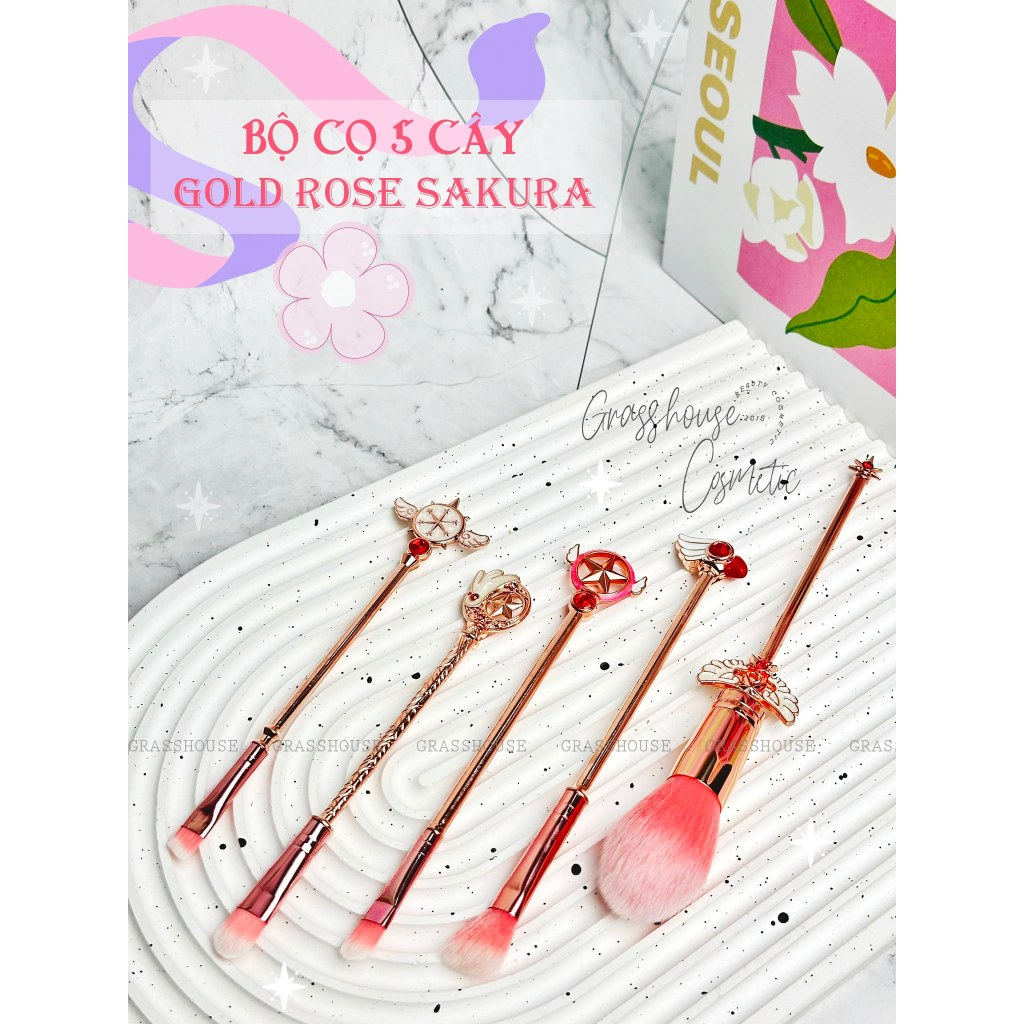 BỘ CỌ TRANG ĐIỂM 5 CÂY SAKURA GOLD ROSE HÀNG THỦ CÔNG ĐIÊU KHẮC PHUN SƠN TỈNH ĐIỆN CAO CẤP (KÈM TÚI ĐỰNG)