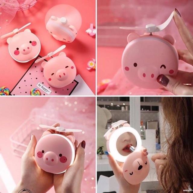 Gương đèn quạt sạc usb 3in1 hình heo siêu cute