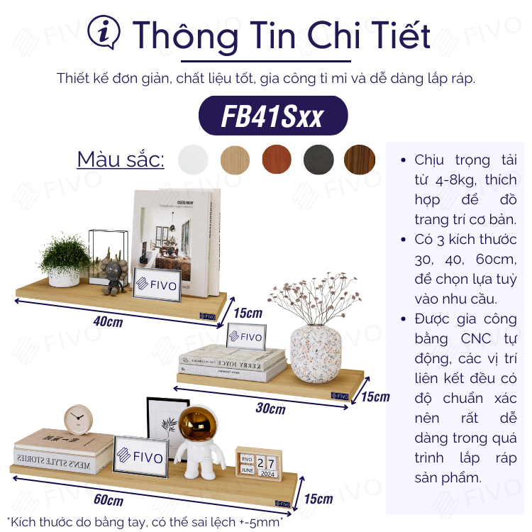 Kệ Treo Tường Trang Trí Decor FIVO Mã FB41 Chất Liệu Gỗ Chống Ẩm Dày 17mm, Tiết Kiệm Diện Tích, Đinh Âm Tường Chắc Chắn