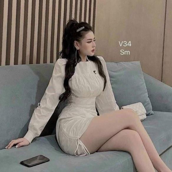 Gunkaymatter Đầm Nữ Ôm Body Xếp Ly Cổ Tròn Tay Dài Rút Dây 2 Bên Hông Thời Trang Nữ Màu Sắc Nhã Nhặn