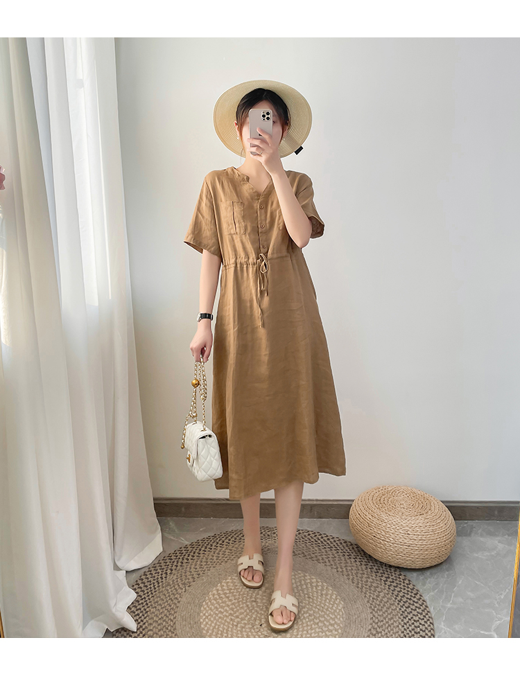 Đầm hè nữ linen suông cổ trụ tay cộc túi bổ trước, chất vải linen mềm mát Đũi Việt