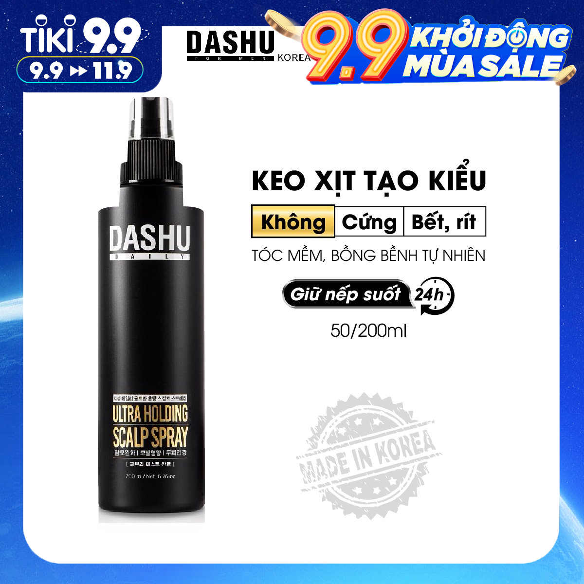 Keo xịt tóc Nam 2 in 1 xit cố định tóc và bảo vệ da đầu Dashu Daily Ultra Holding Scalp 200ml, gôm xịt giữ nếp tóc nam chiết xuất trà xanh, khổ sâm, thảo dược ngăn ngừa rụng tóc hương thơm tự nhiên, sử dụng sau khi vuốt tóc bằng sáp