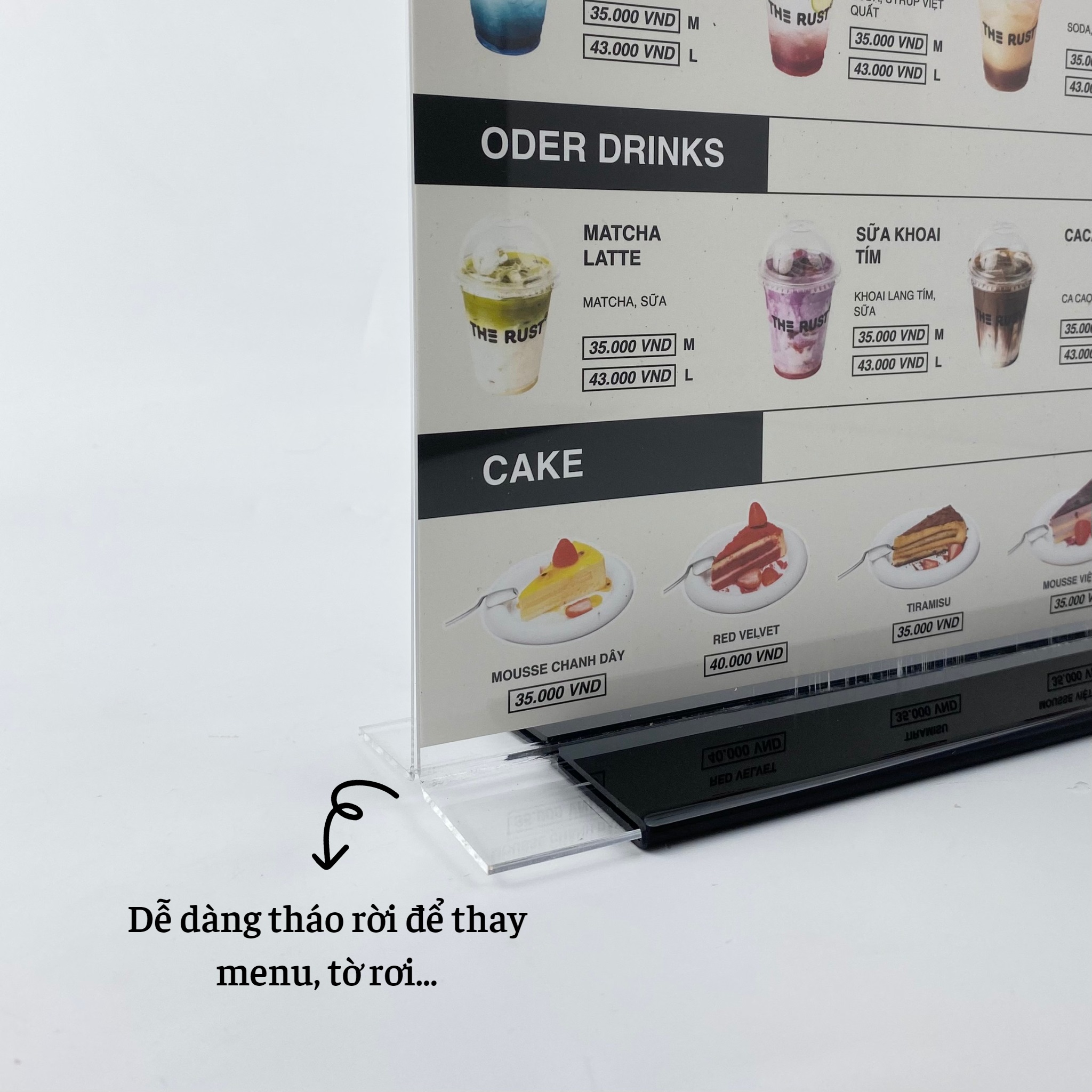 Kệ menu nhà hàng, Standee mica để bàn, Bảng quét mã QR Code, Kệ mica 2 mặt Enter E09-U 100x210mm đế lùa uốn bằng