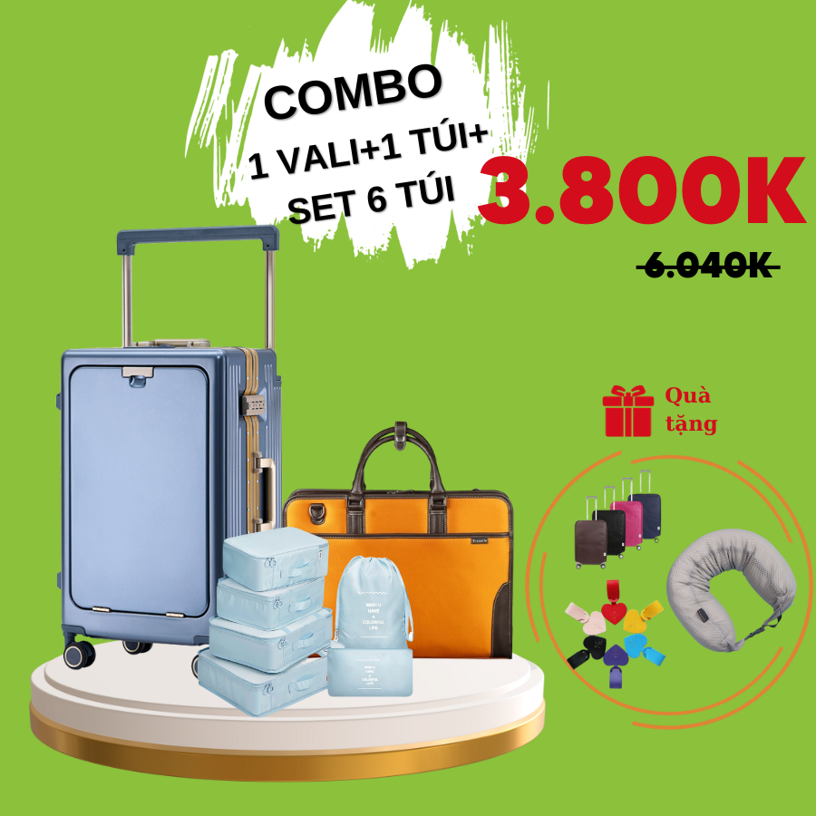 COMBO SIÊU HỜI 1 Vali kéo du lịch cao cấp nhập khẩu Hàn Quốc Tresette 3033 size 20, Túi xách 5c22 và Set Túi Du lịch 012