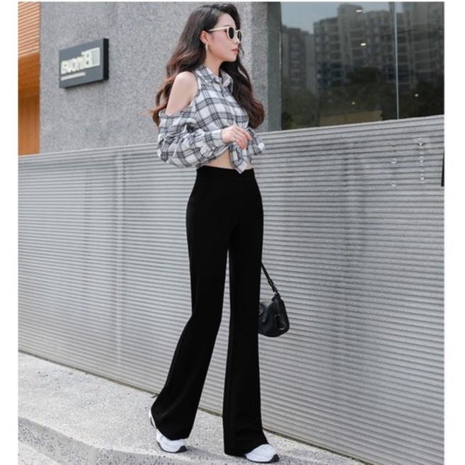 Quần Ống Loe Nữ CHIPY Màu Đen Lưng Cạp Cao Dáng Dài Công Sở Co Giãn 4 Chiều Chất Thun Cao Cấp Legging Ôm Siêu Tôn Dáng
