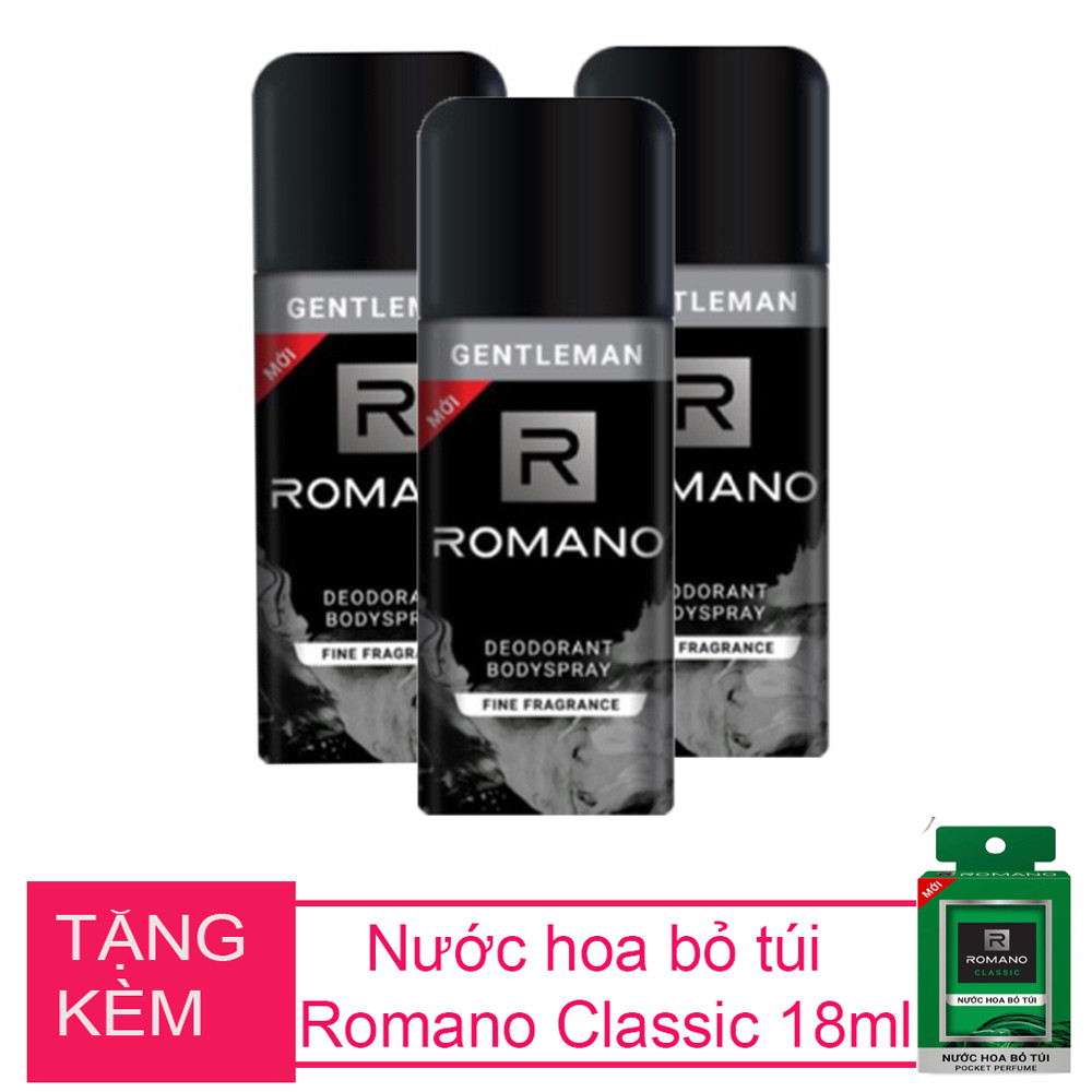 Bộ 3 chai xịt khử mùi Romano Gentleman 150ml +Tặng kèm nước hoa bỏ túi Romano 18ml( Màu ngẫu nhiên)