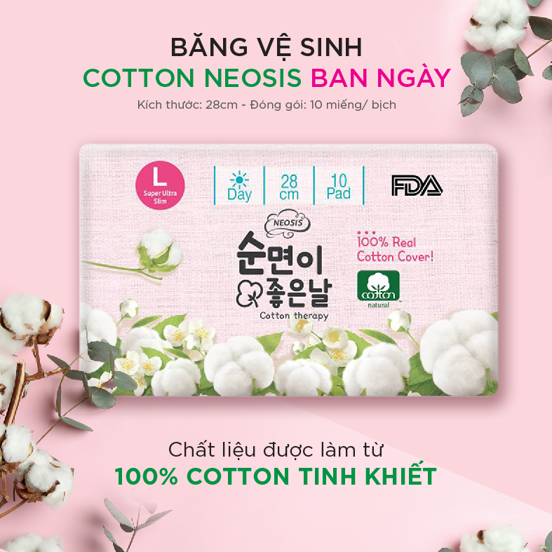BĂNG VỆ SINH HỮU CƠ NEOSIS COTTON BAN NGÀY_Size L (KT: 28cm)_1 gói/10 miếng_HÀNG CHÍNH HÃNG