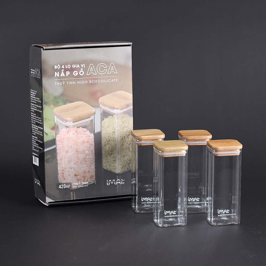 Bộ 4 Hũ Gia Vị Imat Thủy Tinh Nắp Gỗ Acacia ACA 400ml Sang Trọng Tiện Dụng