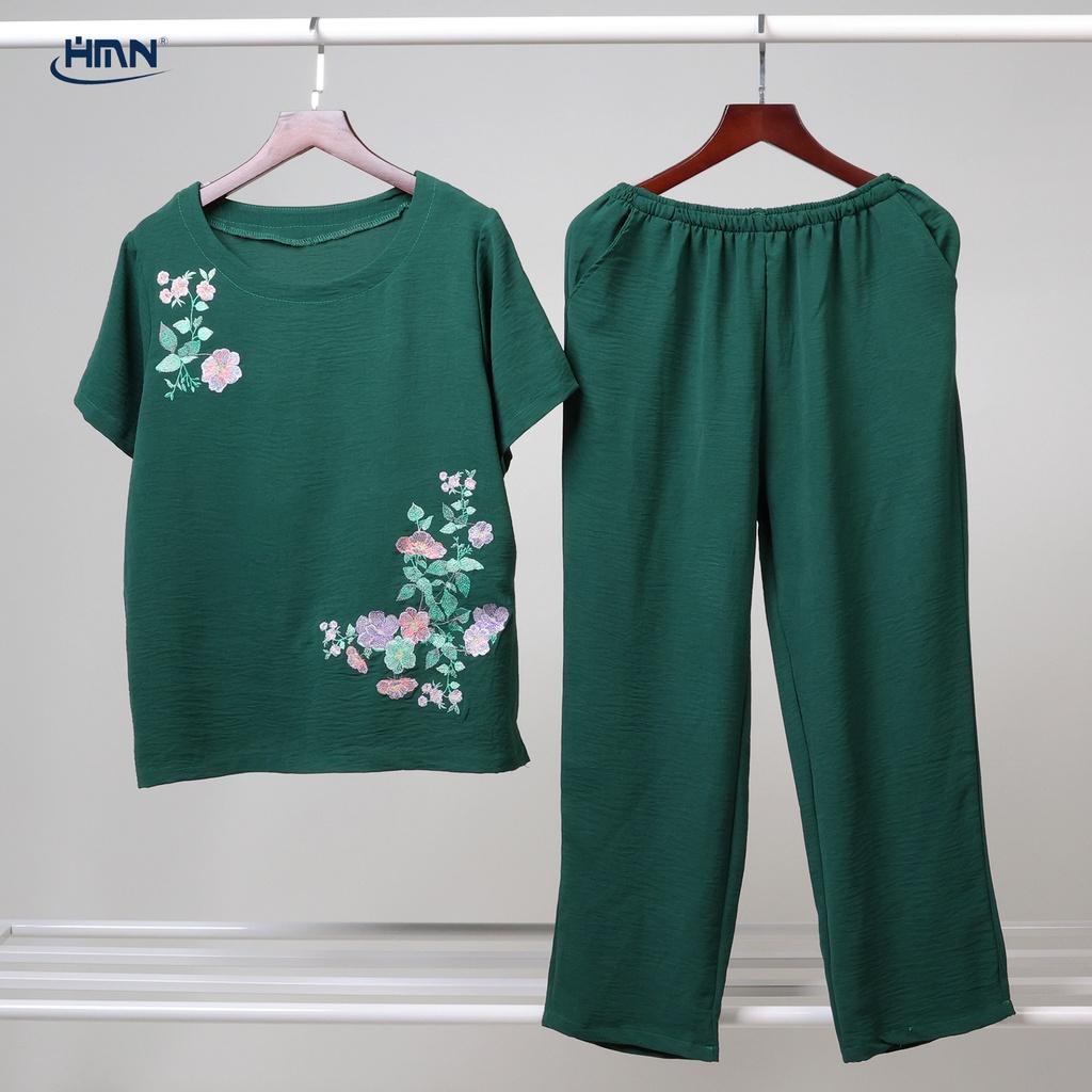 Set đồ bộ trung niên nữ áo thun tay ngắn thêu hoa vai và vạt áo kèm quần dài/lửng vải đũi linen cao cấp - HMN Fashion