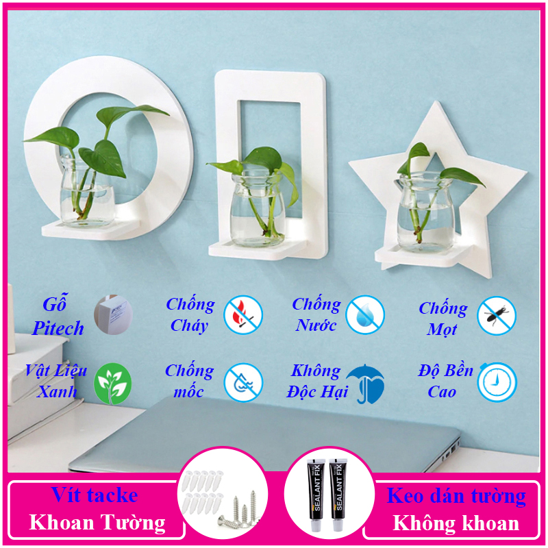 Kệ decor phòng ngủ, Trang trí lớp học, để chậu hoa treo tường, chất liệu gỗ Pitech cao cấp - C16