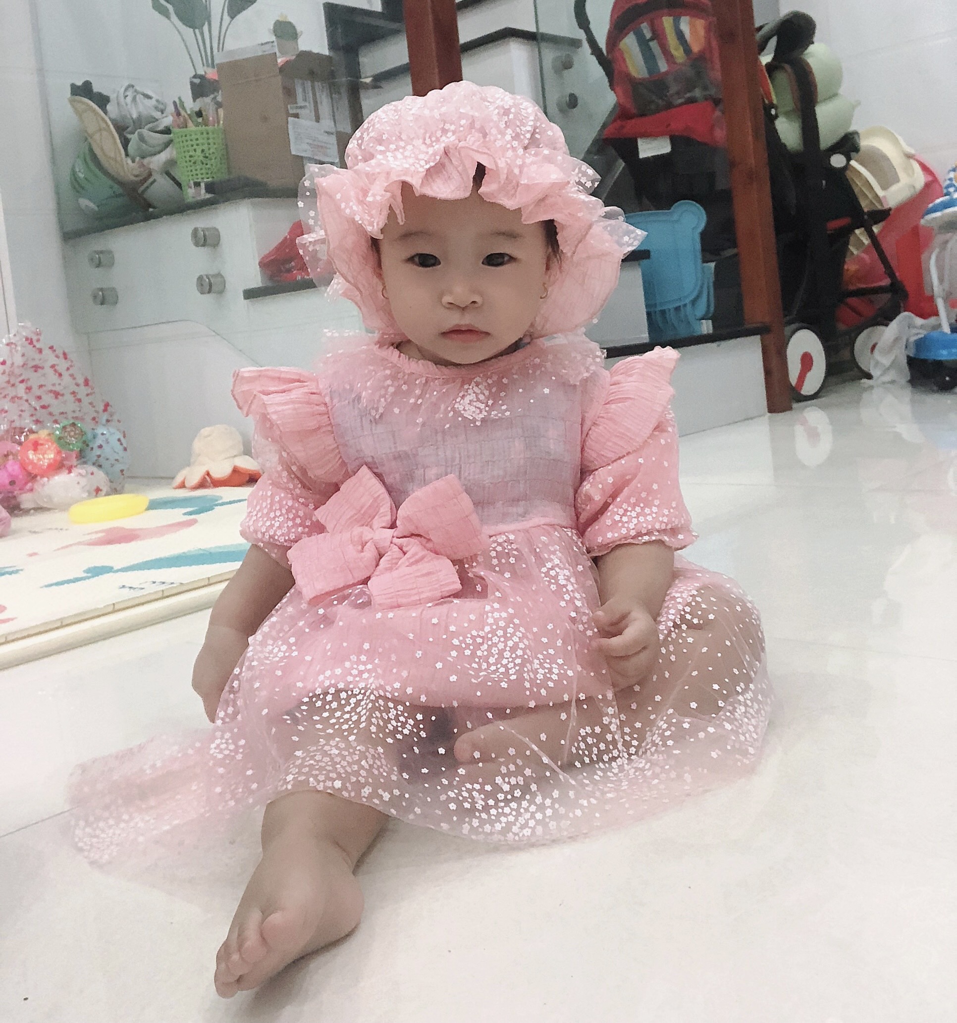 Body váy hồng phấn chất đũi xốp mềm mại cho bé (4-12kg)