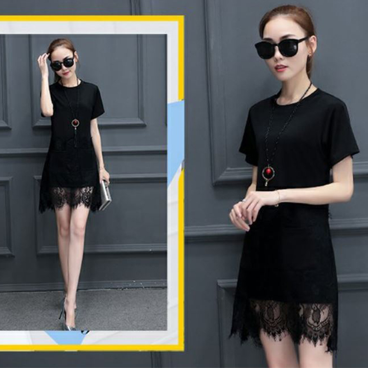 Váy Nữ Xuông Phối Ren Dáng Chữ A, 100% Cotton Phối Ren, 4 Màu Lựa Chọn, Thời Trang Công Sở Dạo Phố