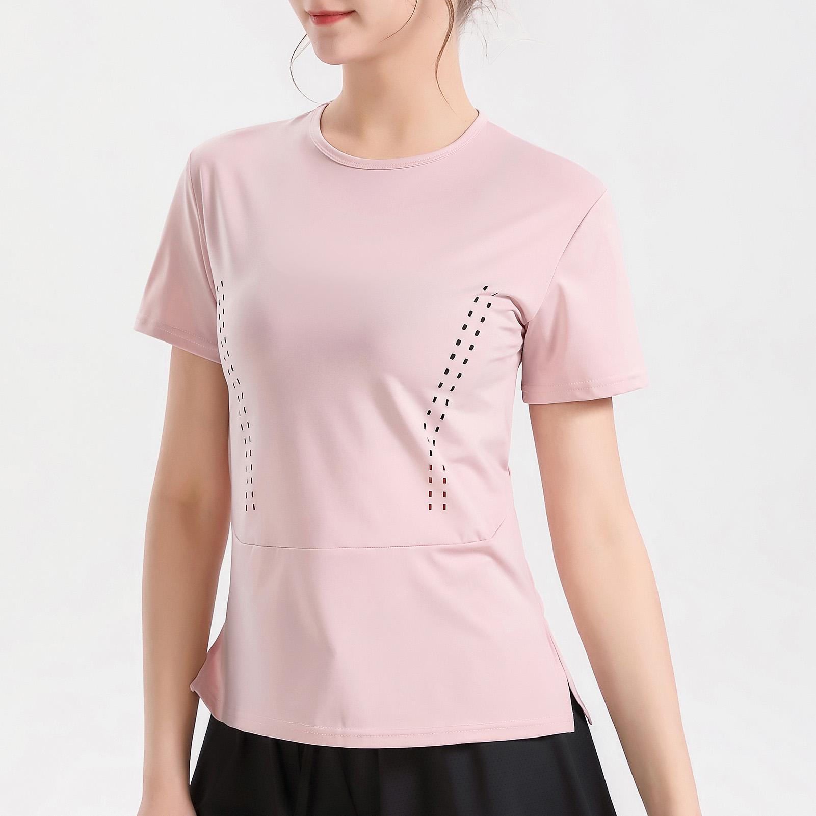 Áo thun nữ cổ chữ O ngắn tay thiết kế đường lỗ thoáng khí 2 bên, áo thun thể thao tập yoga, gym