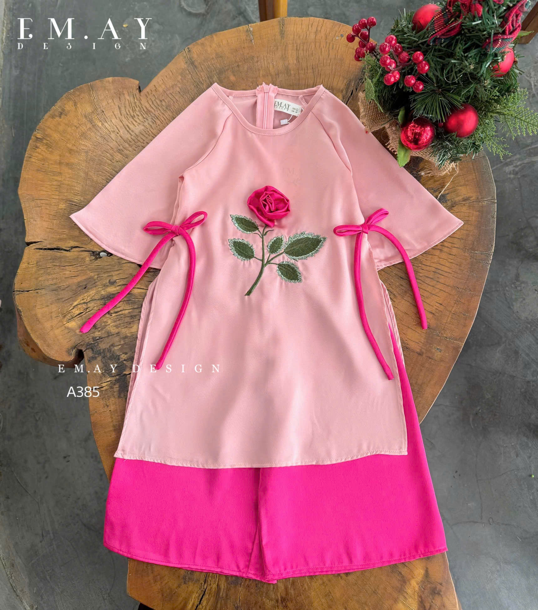 Áo dài cho bé gái mẫu Hoa hồng mùa xuân xinh xắn diện lễ tết năm mới từ 12-50kg hàng thiết kế cao cấp