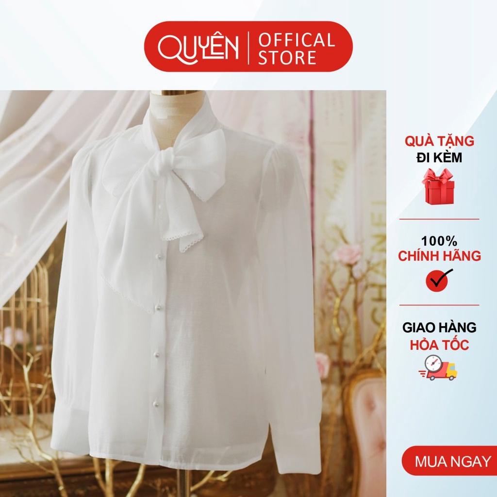 Áo sơ mi công sở nữ kiểu hàn quốc Quyên cổ thắt nơ pha ren tay dài thanh lịch AA383 Trắng