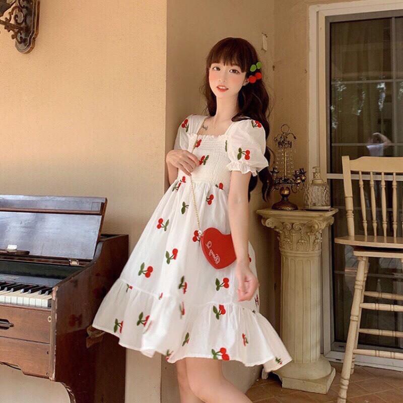 Váy đầm nữ babydoll tay phồng họa tiết trái cây siêu dễ thương dành cho các bạn nữ tuổi teen AM