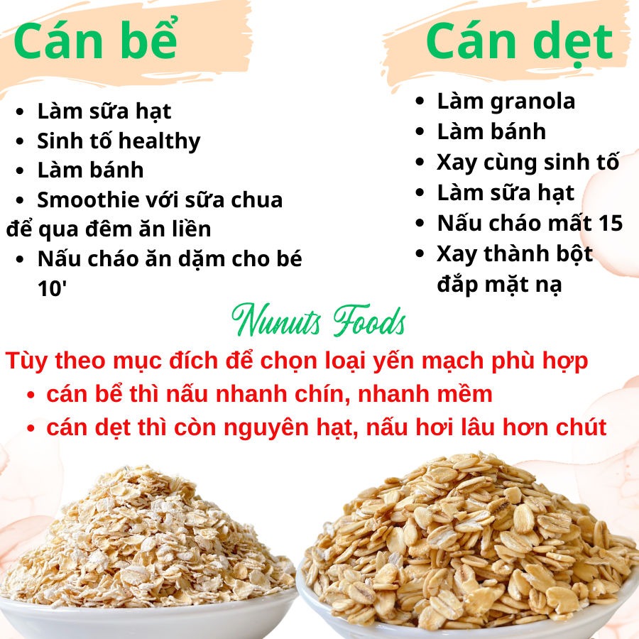 Yến mạch nguyên cám, hữu cơ Nunuts có cán dẹt và cán bể nấu cháo ăn dặm hoặc làm granola, sinh tố  hũ 500g