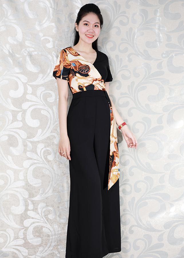 Jumpsuit Dài Nữ Tính Kiểu Jumpsuit Dạo Phố Cổ Đắp Chéo Phối Họa Tiết Châu Âu ROMI 3179