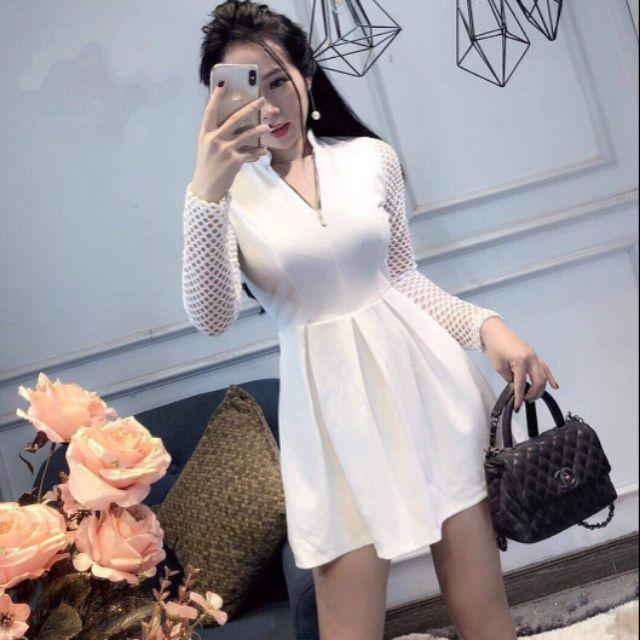 Đầm xòe tay dài voan lưới