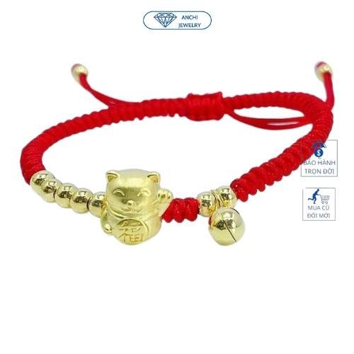 Vòng tay dây bện chỉ đỏ charm hổ( mèo thần tài) bạc ta mạ vàng may mắn, Anchi jewelry